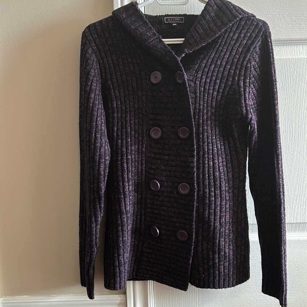Purple/Black Hooded Knit Sweater Jacket-Size MP-Double Breasted-Excellent Cold